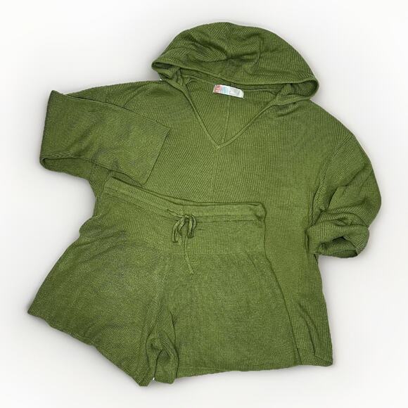 Free People Beach Ribbed Knit Sweater Set Slouchy Oversized Top Cozy Green Sz S - Picture 3 of 16